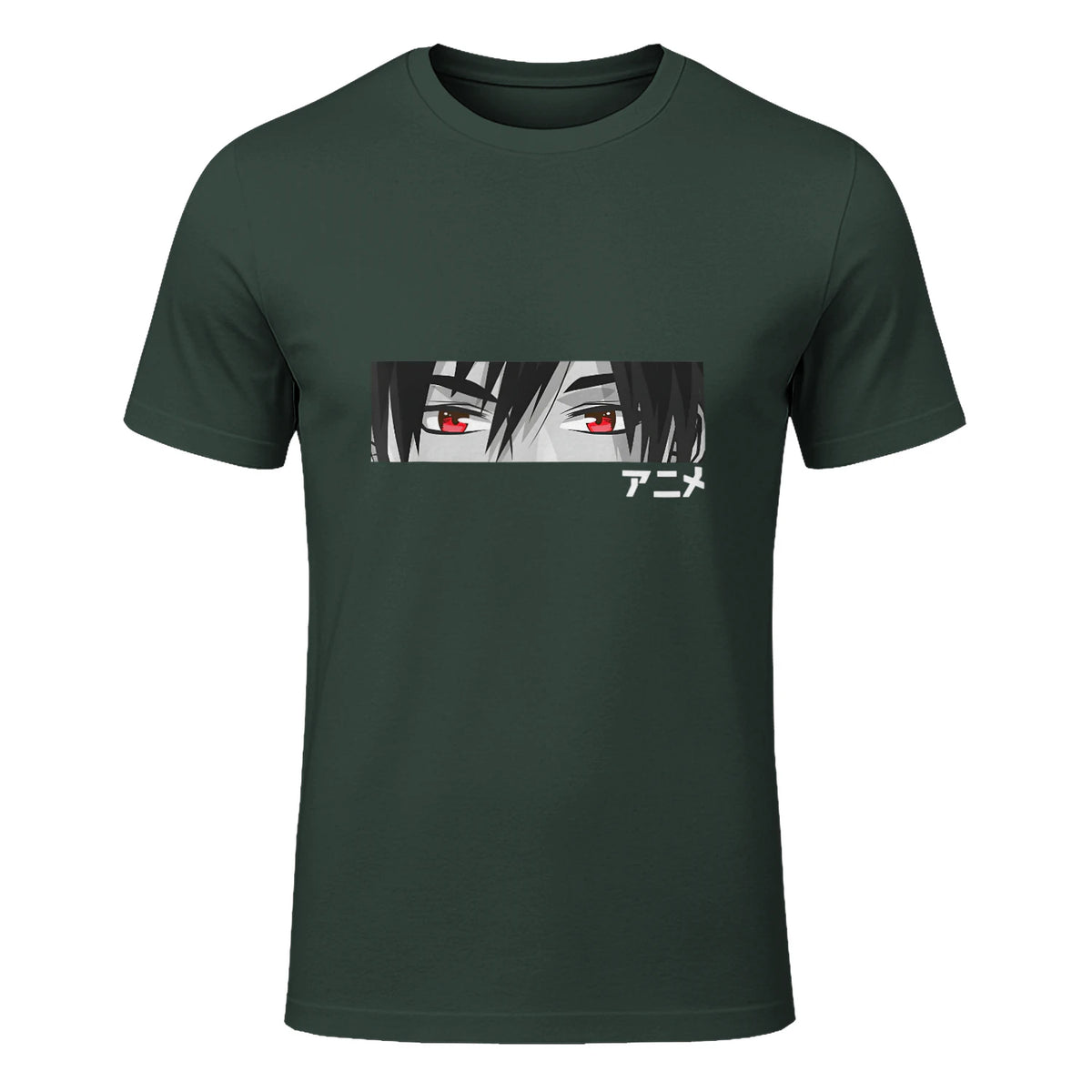 Anime in Japanese Characters Kawaii Eyes Face Short Sleeve in Forest Green - front view