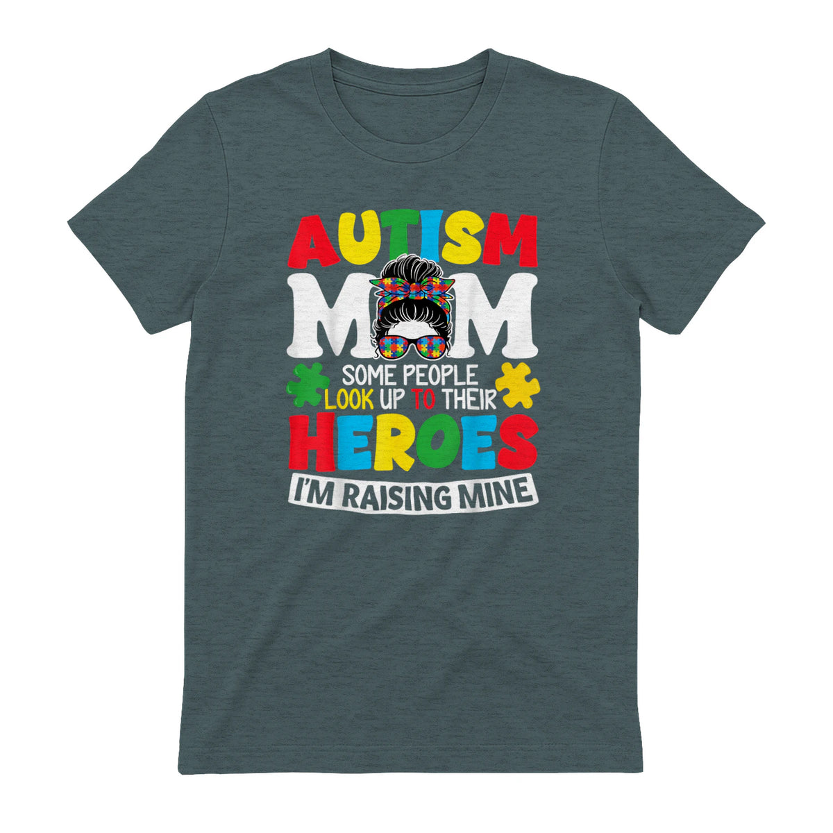 Autism Mom Raising Hero Messy Bun Autism Awareness in Dark Heather - back view