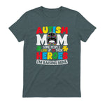 Autism Mom Raising Hero Messy Bun Autism Awareness in Dark Heather - back view