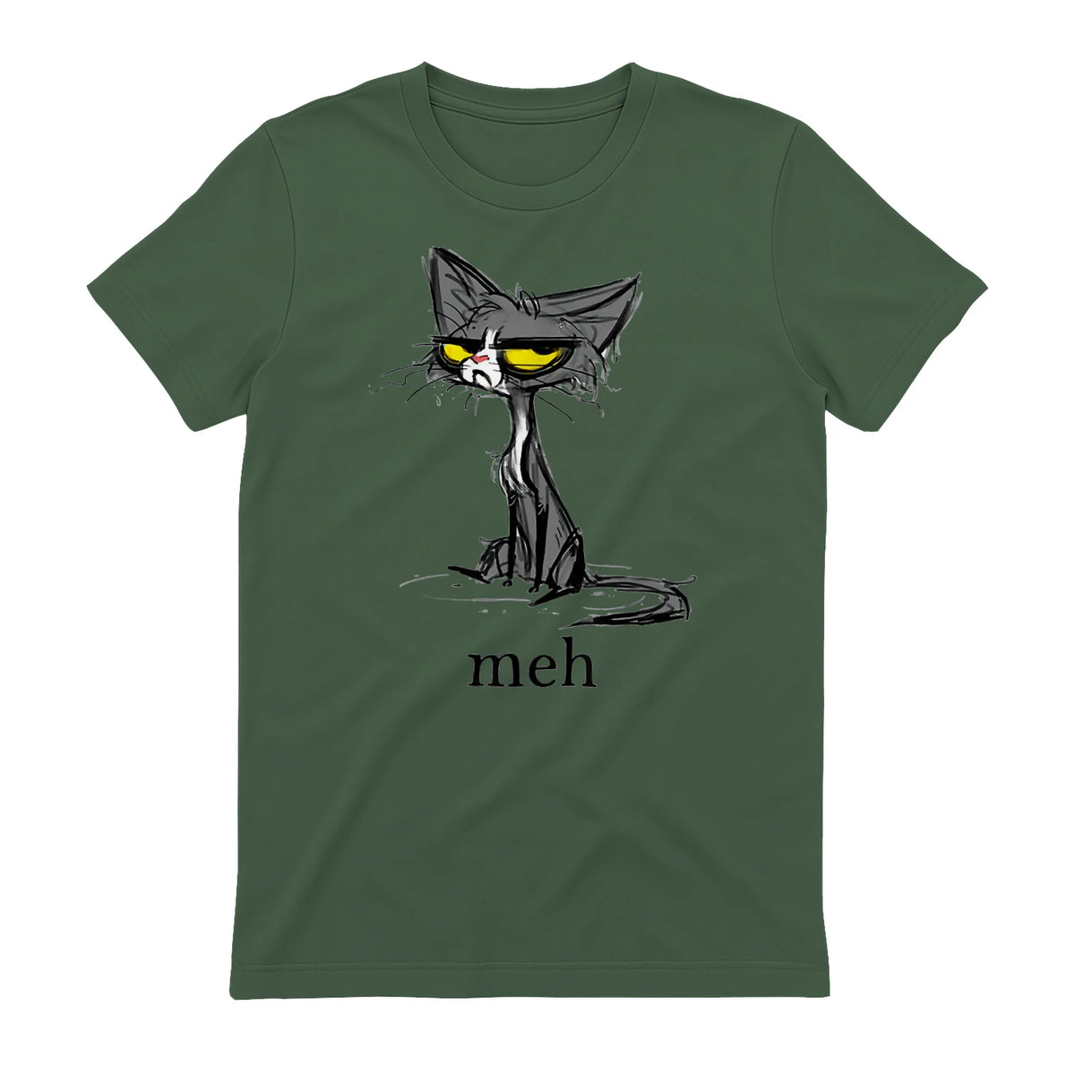 Funny Meh Cat Gift for Cat Lovers in Military Green - back view