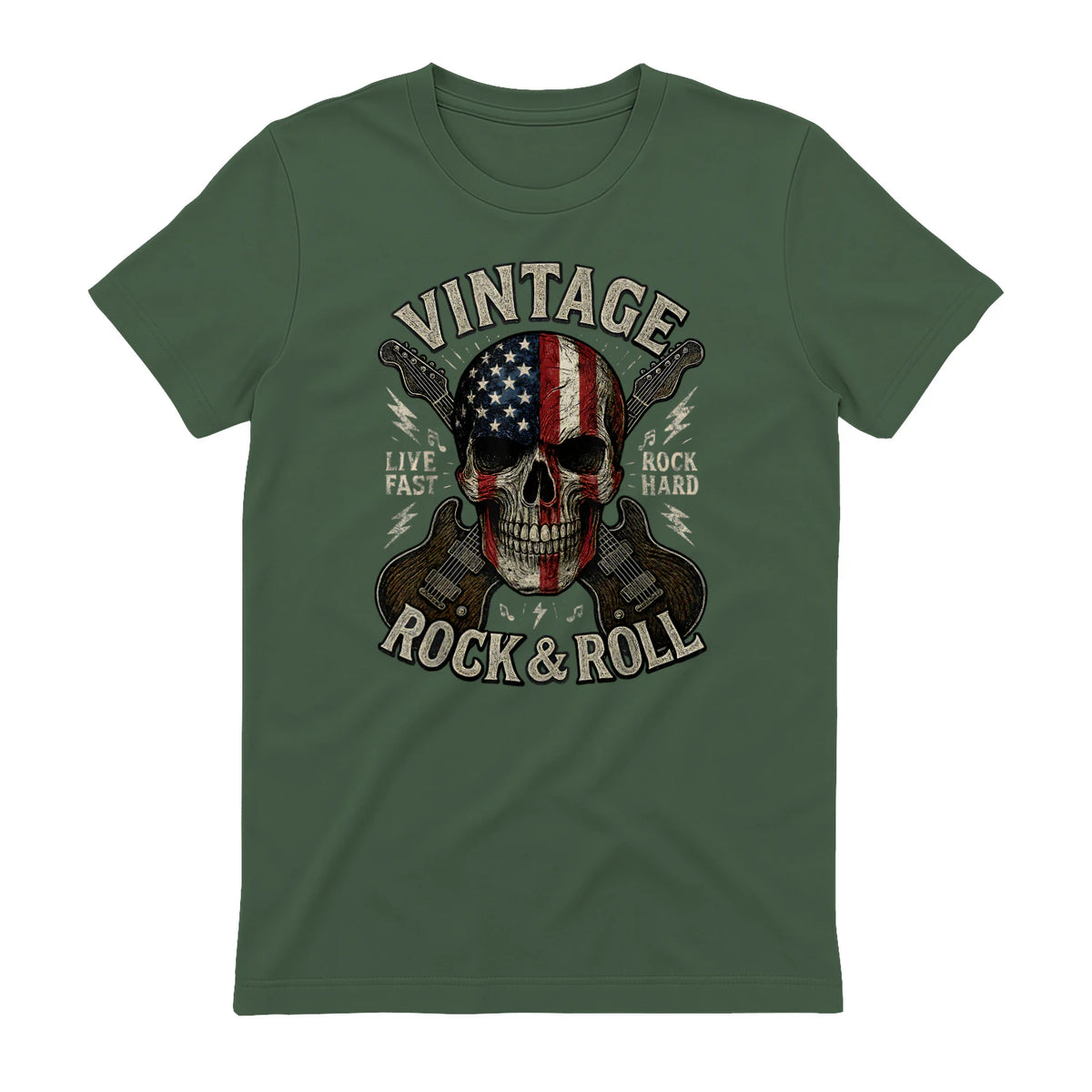 Vintage Rock Skull American Flag Guitar Retro Rock and Roll T-Shirt in Military Green - back view