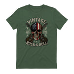 Vintage Rock Skull American Flag Guitar Retro Rock and Roll T-Shirt in Military Green - back view