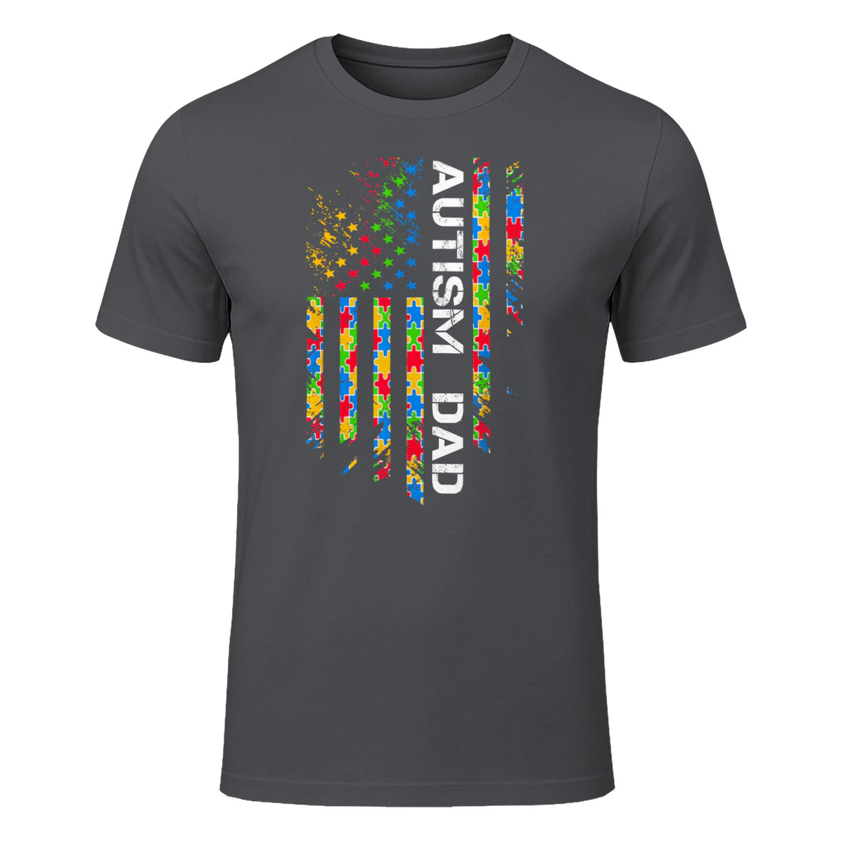 Autism Dad Awareness American Flag USA T-Shirt in Charcoal - front view