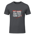 Hit Hard Run Fast Turn Left Funny Baseball Player & Fan T-Shirt in Charcoal - front view