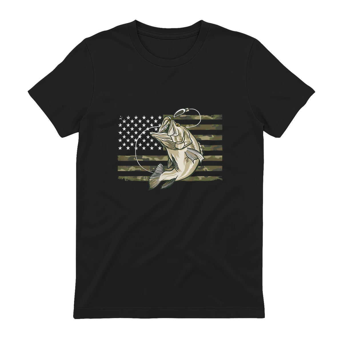 Fishing Camouflage US American Flag Bass Fish Fisherman Camo T-Shirt in Black - back view
