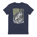 Fishing Camo Bass Fish American Flag Men's Fisherman Gift T-Shirt in Heather Navy - back view