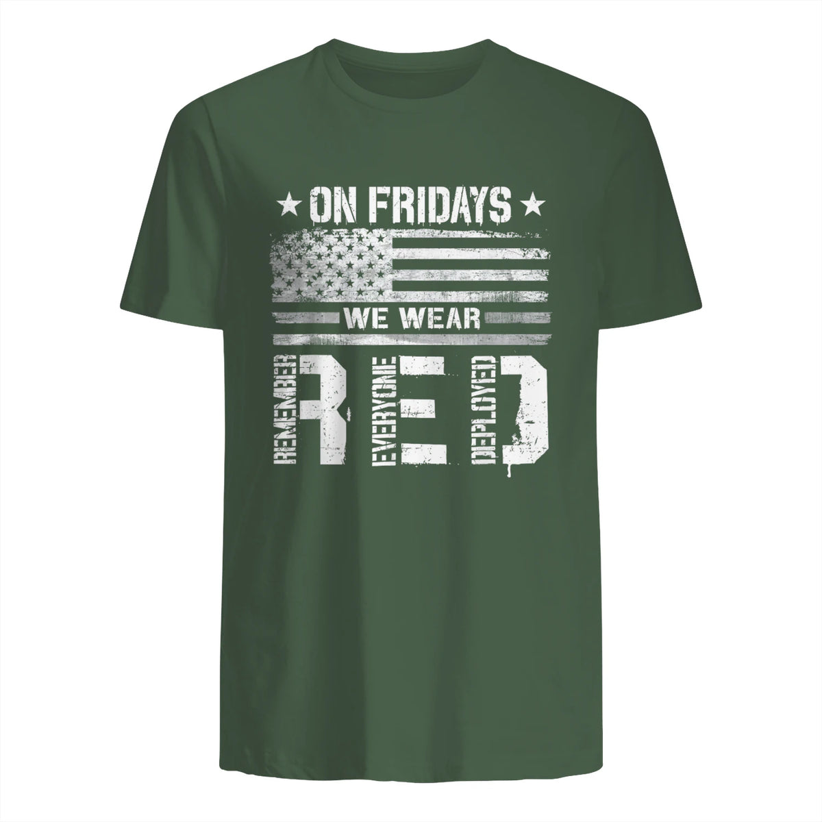 On Friday We Wear Red American Flag Military Supportive T-Shirt in Military Green - back view