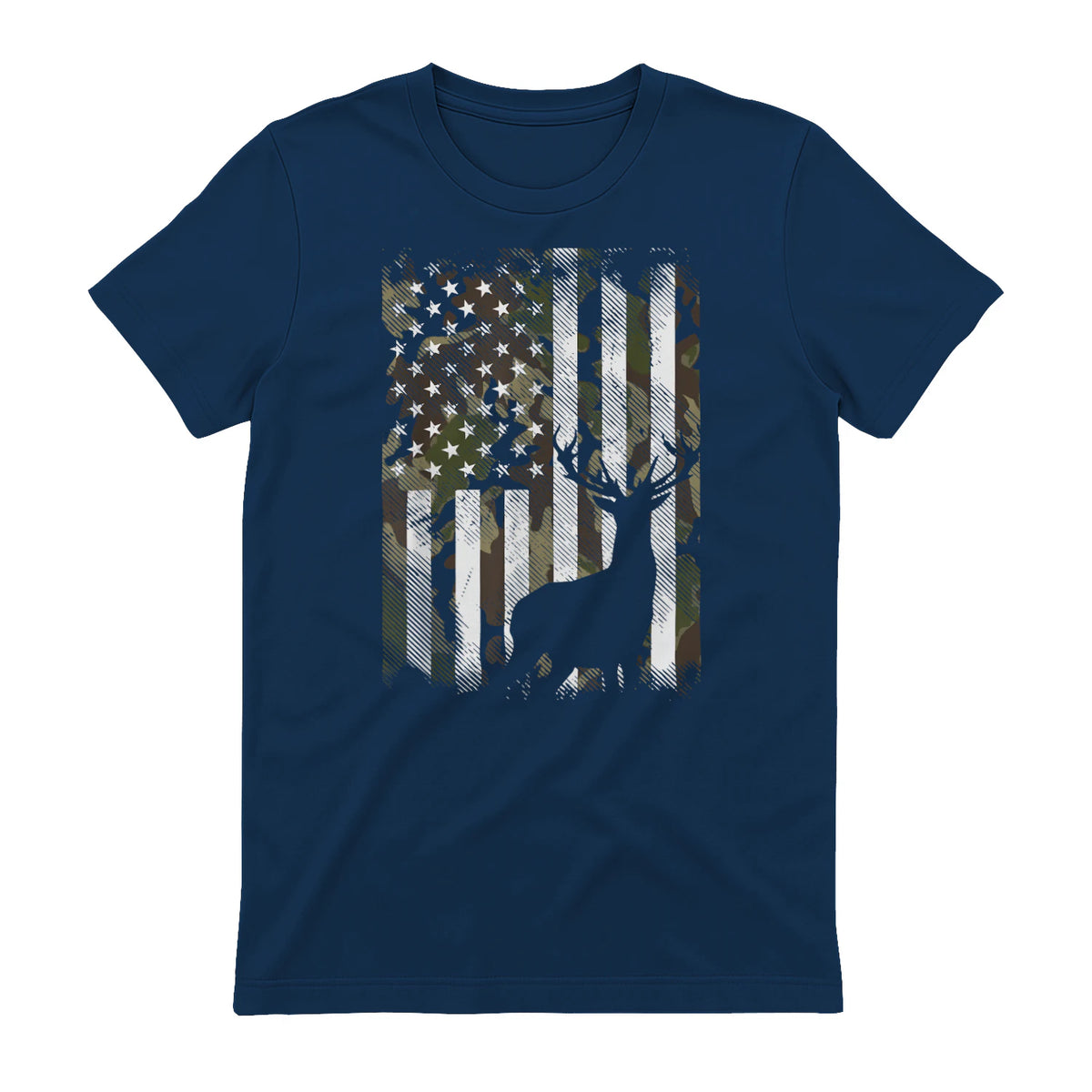 Camo US Flag Deer Elk Buck Camoflage Hunting Hunter Dad Gift Short Sleeve in Navy - back view
