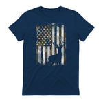 Camo US Flag Deer Elk Buck Camoflage Hunting Hunter Dad Gift Short Sleeve in Navy - back view