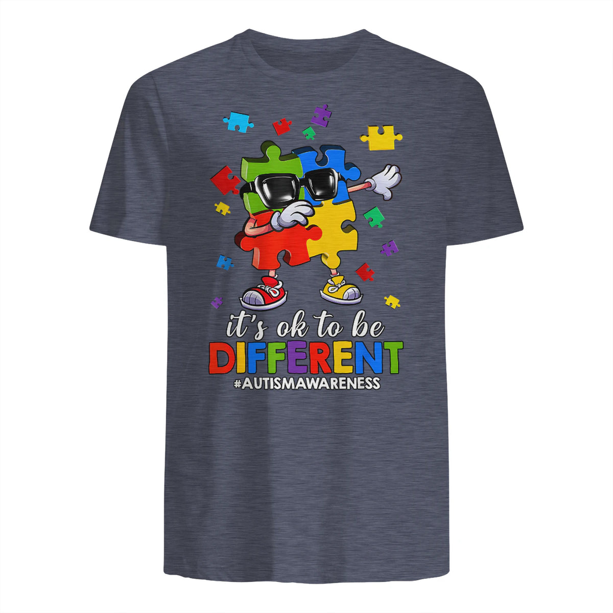 It's OK to Be Different Dabbing Puzzle Autism Awareness Kids in Heather Navy - back view