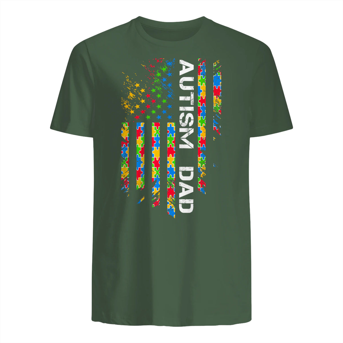 Autism Dad Awareness American Flag USA T-Shirt in Military Green - back view