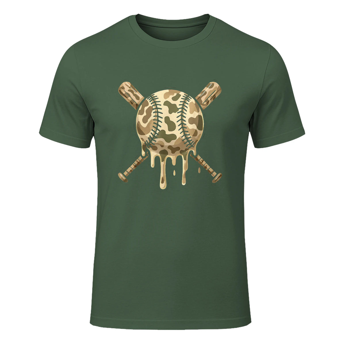 Baseball Drip Camo Baseball Bats Boys Sports Cool Game Day T-Shirt in Military Green - front view