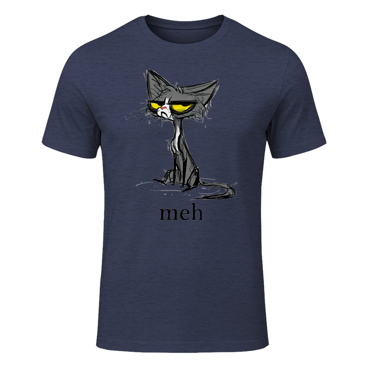 Funny Meh Cat Gift for Cat Lovers in Heather Navy - front view