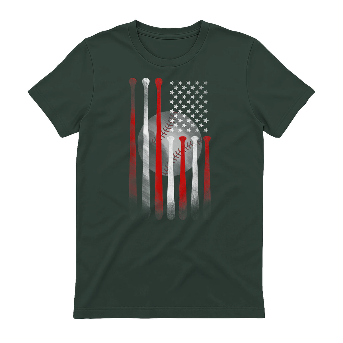 Vintage Baseball American Flag T-Shirt, Classic Fit Black Tee for Dad in Forest Green - back view
