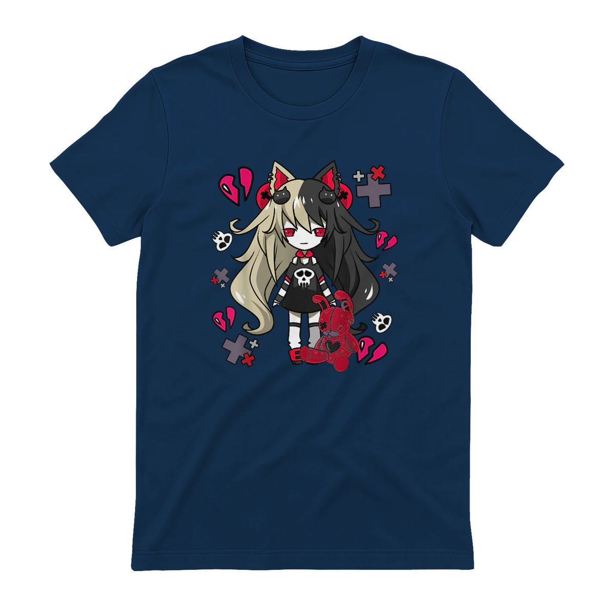 Chibi Kawaii Emo Pastel Goth Girl with Sad Bunny in Navy - back view