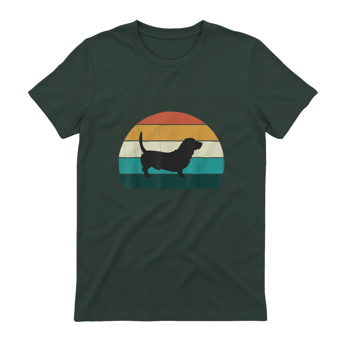 Basset Hound rétro Amant Vintage Sunset Dog & Puppy in Forest Green - back view