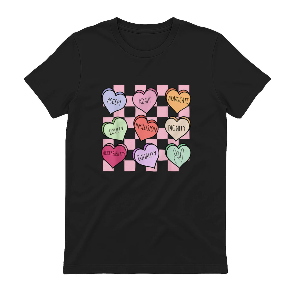Special Education Teacher Candy Heart Valentines Day Love T-Shirt in Black - back view