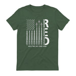 Remember Everyone Deployed RED Friday Military American Flag T-Shirt in Military Green - back view