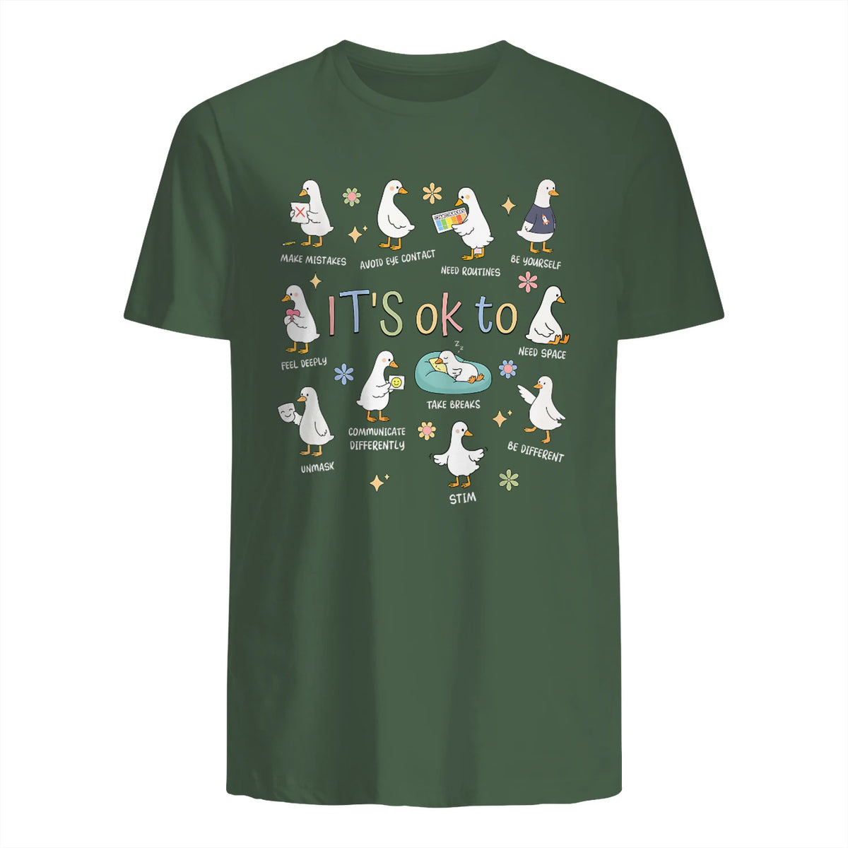 Funny It’s Ok to Be Different Autism Goose Teacher in Military Green - back view