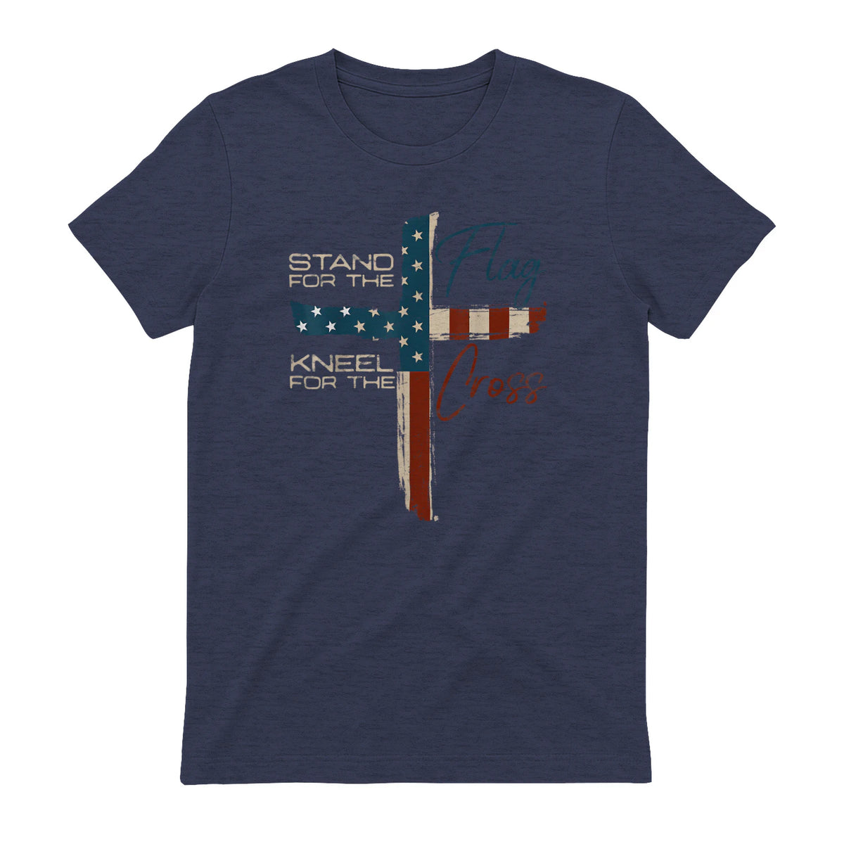 USA Flag Religious Quote Fourth of July Christian Faith T-Shirt in Heather Navy - back view