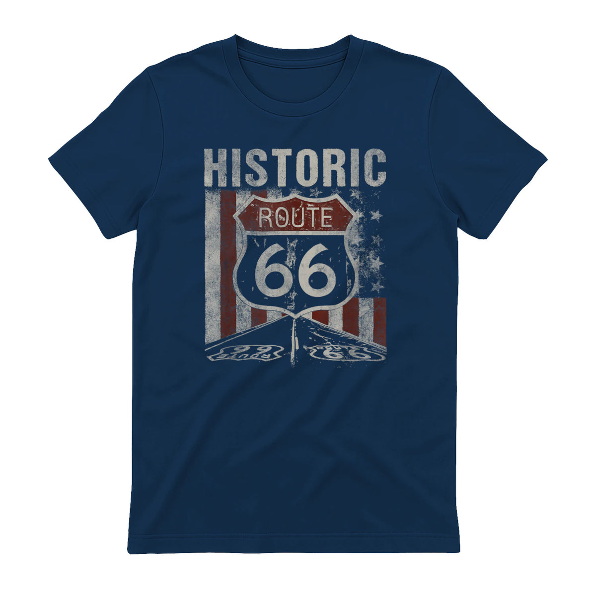 Historic USA Route Sixty-Six Highway Road Sign T-Shirt in Navy - back view