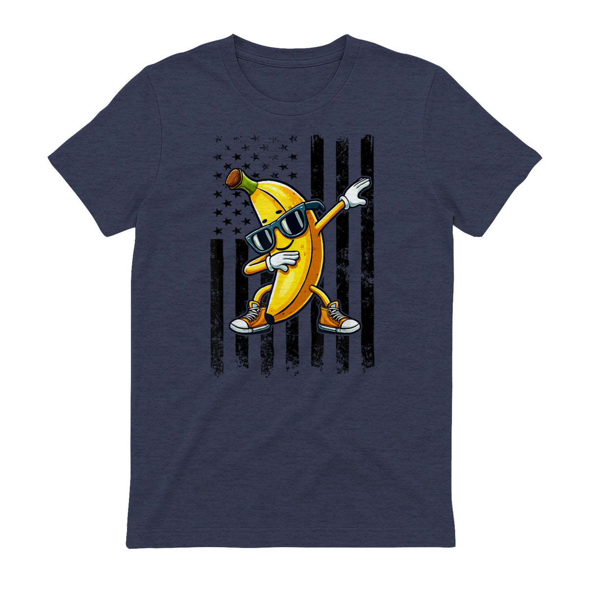 Dabbing Banana Retro American Flag Banana Lover Boys Kids T-Shirt in Heather Navy - back view