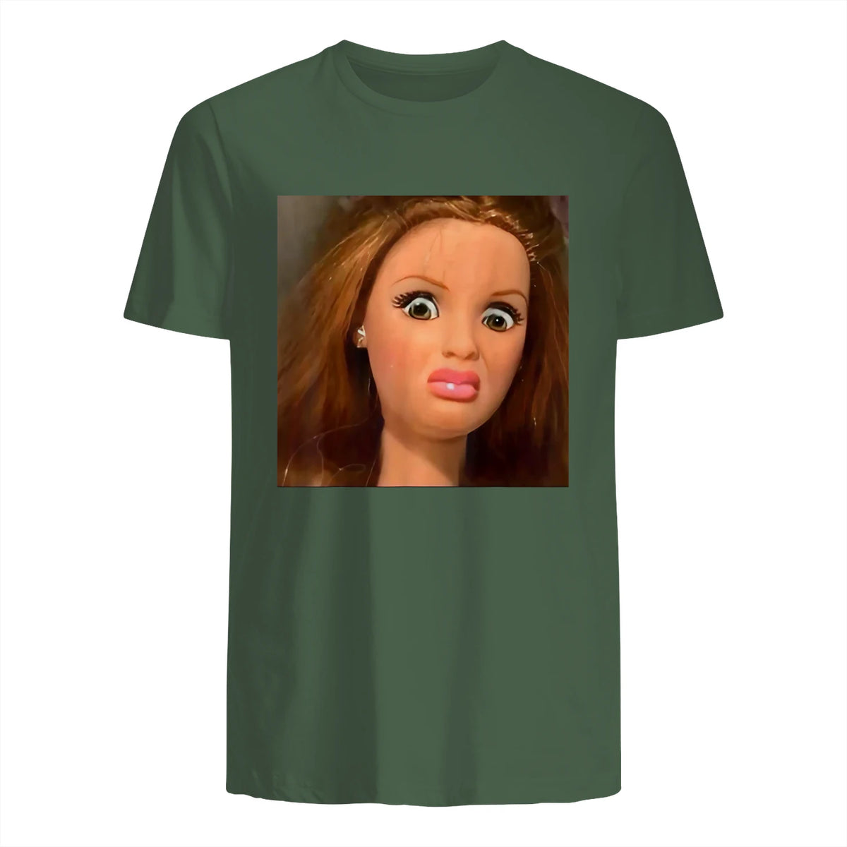 Funny Doll Face Meme Expression Hilarious Sarcastic in Military Green - back view