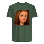 Funny Doll Face Meme Expression Hilarious Sarcastic in Military Green - back view