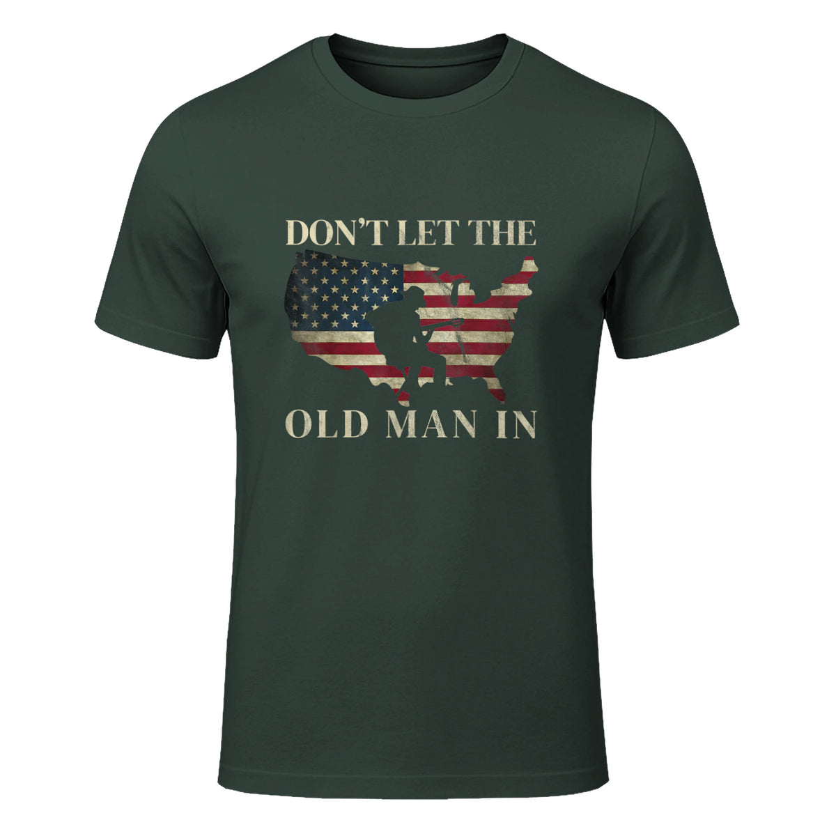 Don't Let The Old Man in Vintage American Flag T-Shirt in Forest Green - front view