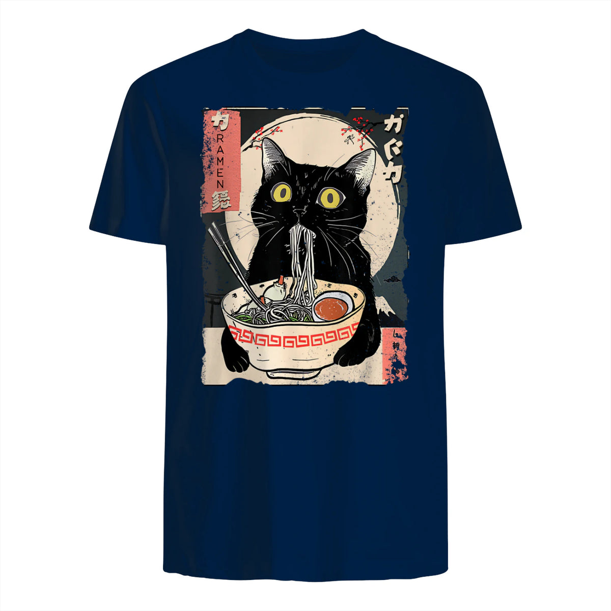 Kawaii Cat Eating Ramen Noodles Funny Anime Gift Girls Teens T-Shirt in Navy - back view