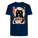 Kawaii Cat Eating Ramen Noodles Funny Anime Gift Girls Teens T-Shirt in Navy - back view