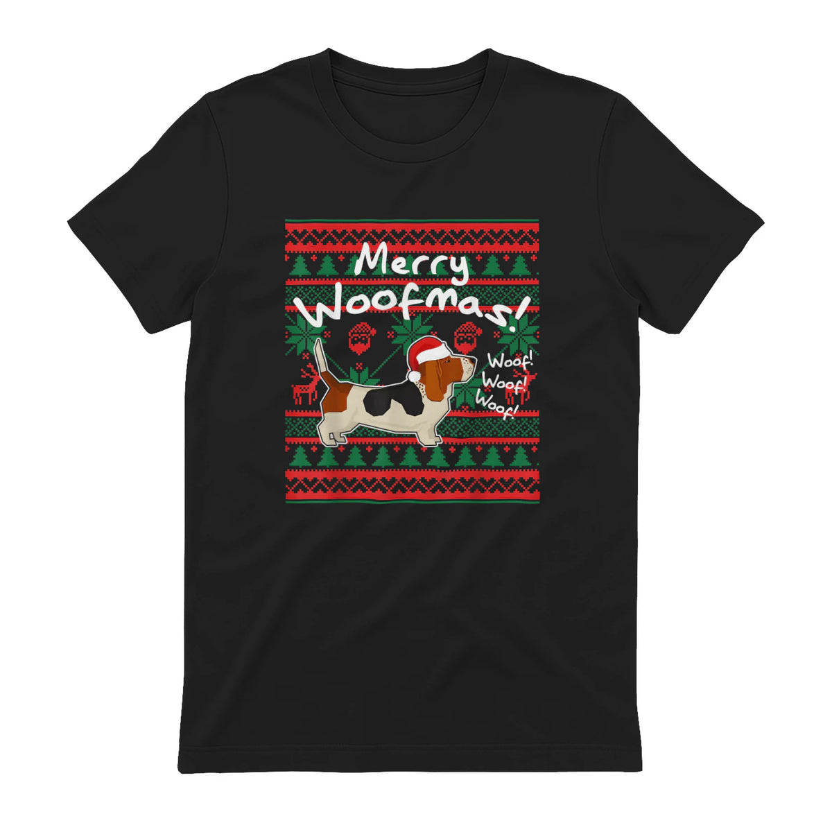 Basset Hound Chemise de Noël Merry Woofmas Père Noël Chien in Black - back view