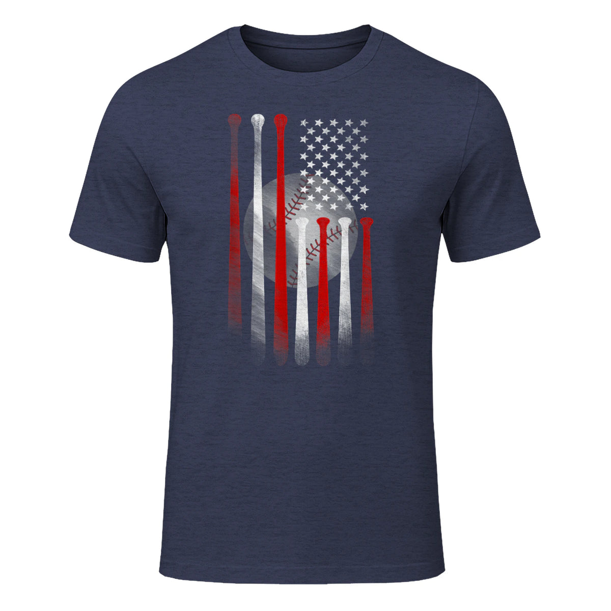 Vintage Baseball American Flag T-Shirt, Classic Fit Black Tee for Dad in Heather Navy - front view