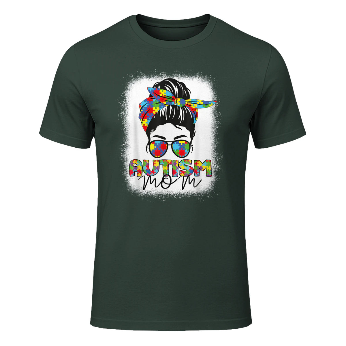 Autism Mom Life Messy Bun T-Shirt in Forest Green - front view