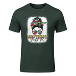 Autism Mom Life Messy Bun T-Shirt in Forest Green - front view