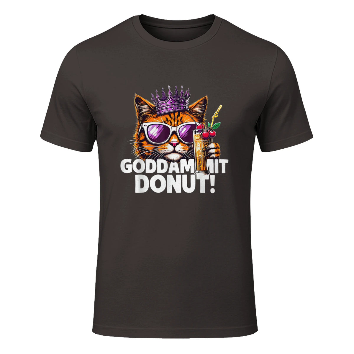 Donut Princess Cat Meme Tee – Kawaii Funny Cartoon Style T-Shirt in Dark Chocolate - front view