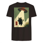 Vintage Japanese Cat Alien Cat Dad UFO Abduction Graphic Tee T-Shirt in Dark Chocolate - back view