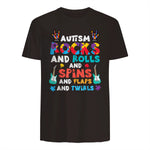Autism Rocks Rolls Spins Flaps Awareness Boys Kids Women Men in Dark Chocolate - back view