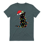 Santa Black Cat Tangled Up In Christmas Tree Lights Holiday in Dark Heather - back view