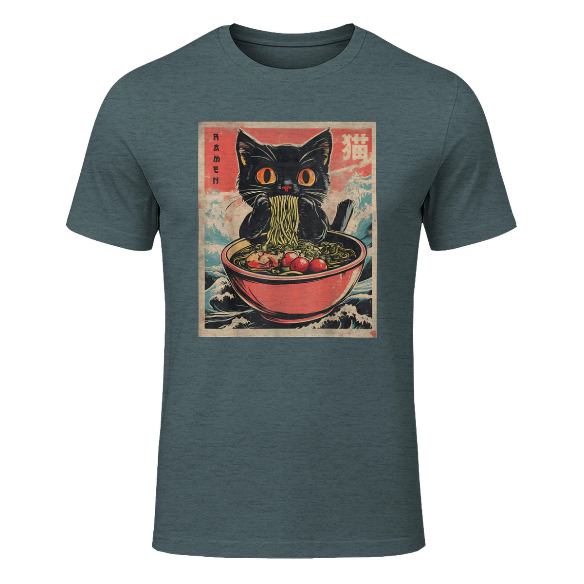 Unisex Adults Cat Ramen Japanese Funny Graphic Tees Kawaii Cat Anime Gifts T-Shirt in Dark Heather - front view