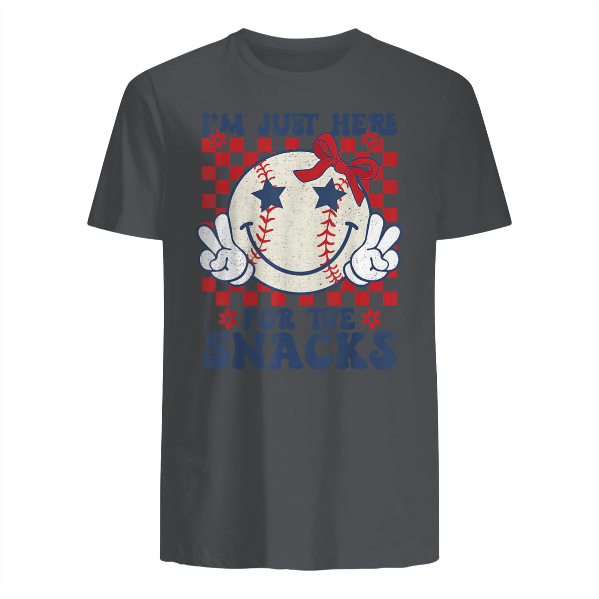 Retro Baseball Sister I'm Just Here for The Snacks Girls Mom T-Shirt in Charcoal - back view