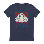 Retro Baseball Sister I'm Just Here for The Snacks Girls Mom T-Shirt in Heather Navy - back view