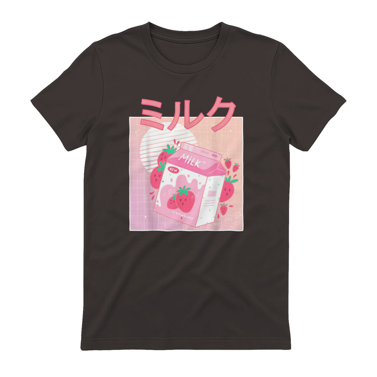 Funny Retro Nineties Japanese Kawaii Strawberry Milk Shake Carton T-Shirt in Dark Chocolate - back view