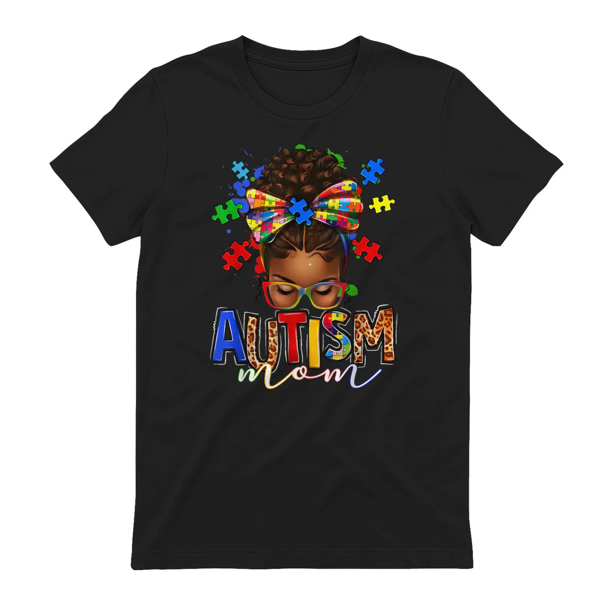 Autism Mom Messy Bun Black Women Autism Awareness Puzzle in Black - back view