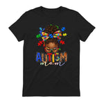 Autism Mom Messy Bun Black Women Autism Awareness Puzzle in Black - back view