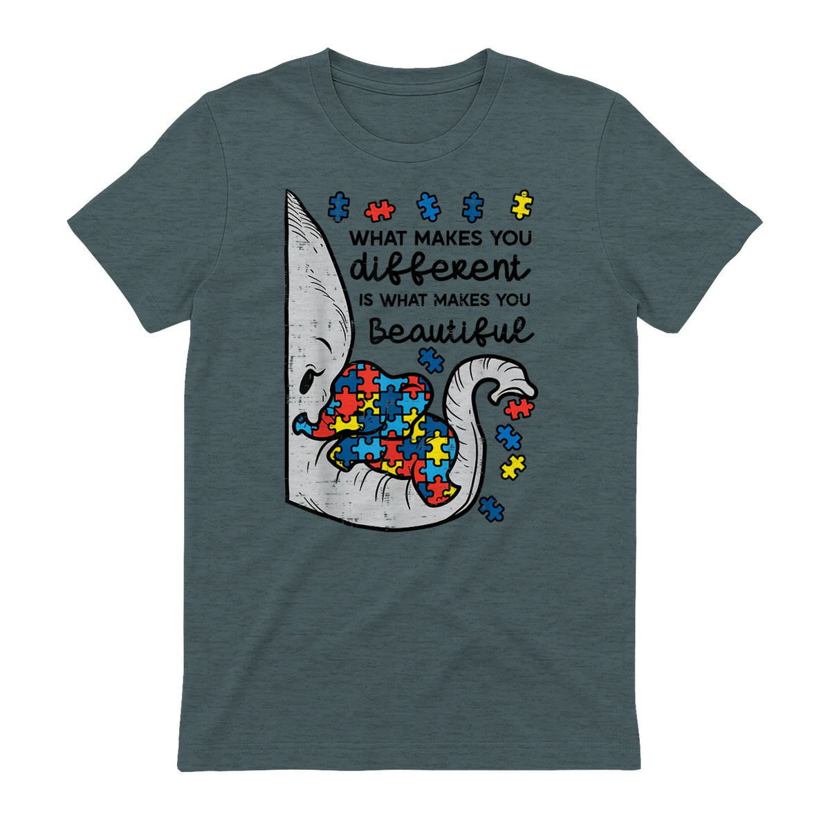 What Makes You Different Autism Awareness T-Shirt in Dark Heather - back view