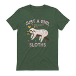 Funny Just a Girl Who Loves Sloths T-Shirt Sloths Lover Gift in Military Green - back view