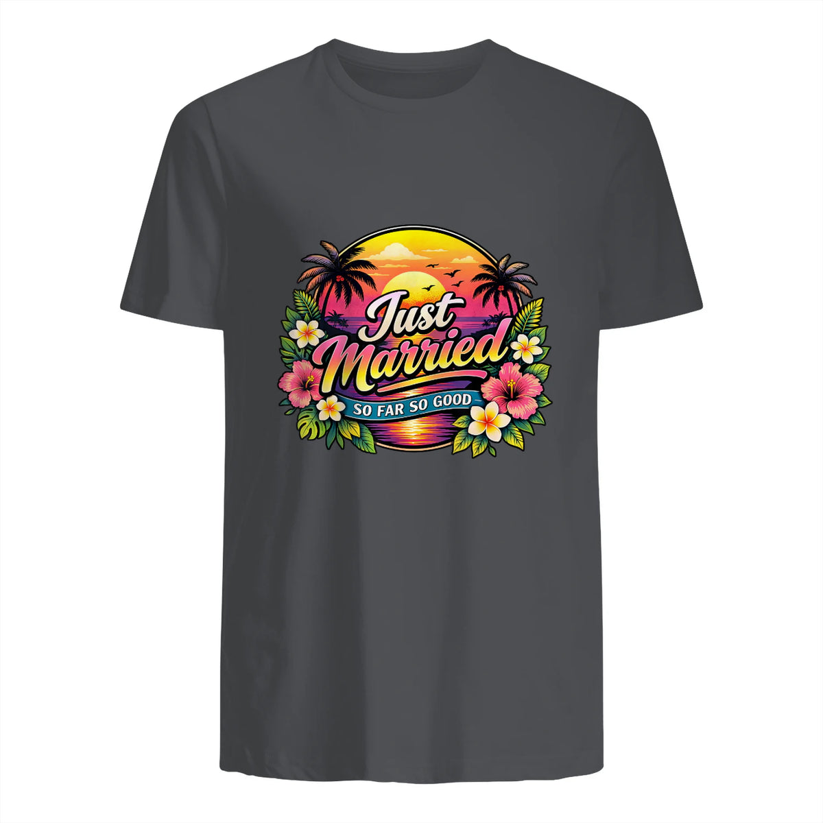 Couple de Jeunes mariés drôle Just Married Tropical Honeymoon in Charcoal - back view