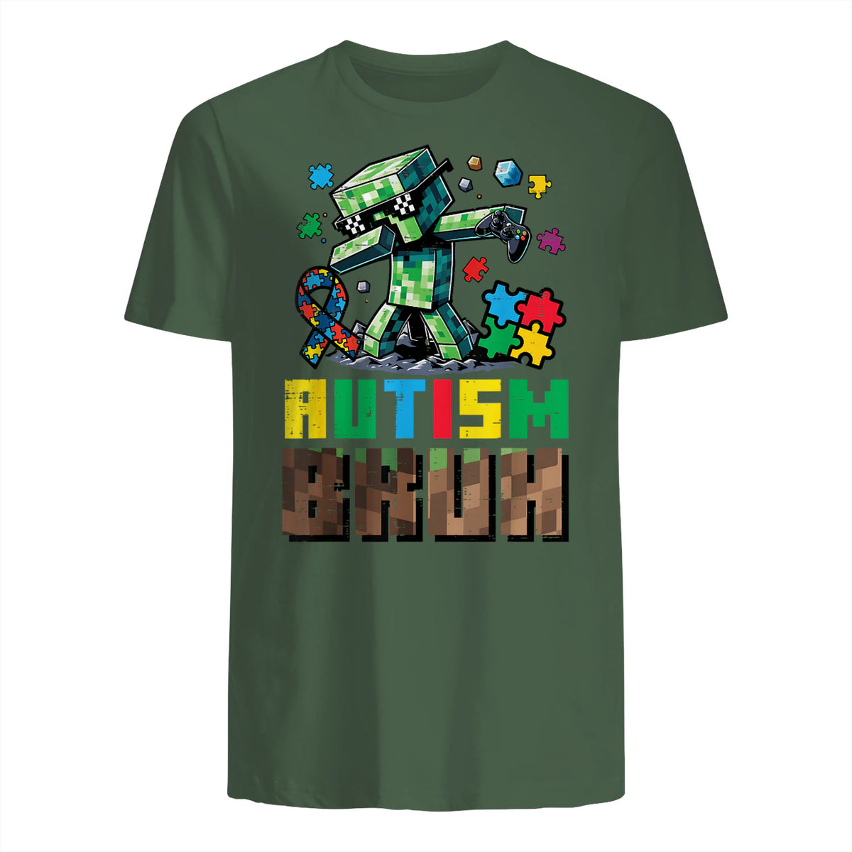 Autism Bruh Dab ASD Awareness Gamer Boys Kids Youth in Military Green - back view