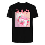 Funny Retro Nineties Japanese Kawaii Strawberry Milk Shake Carton T-Shirt in Black - back view